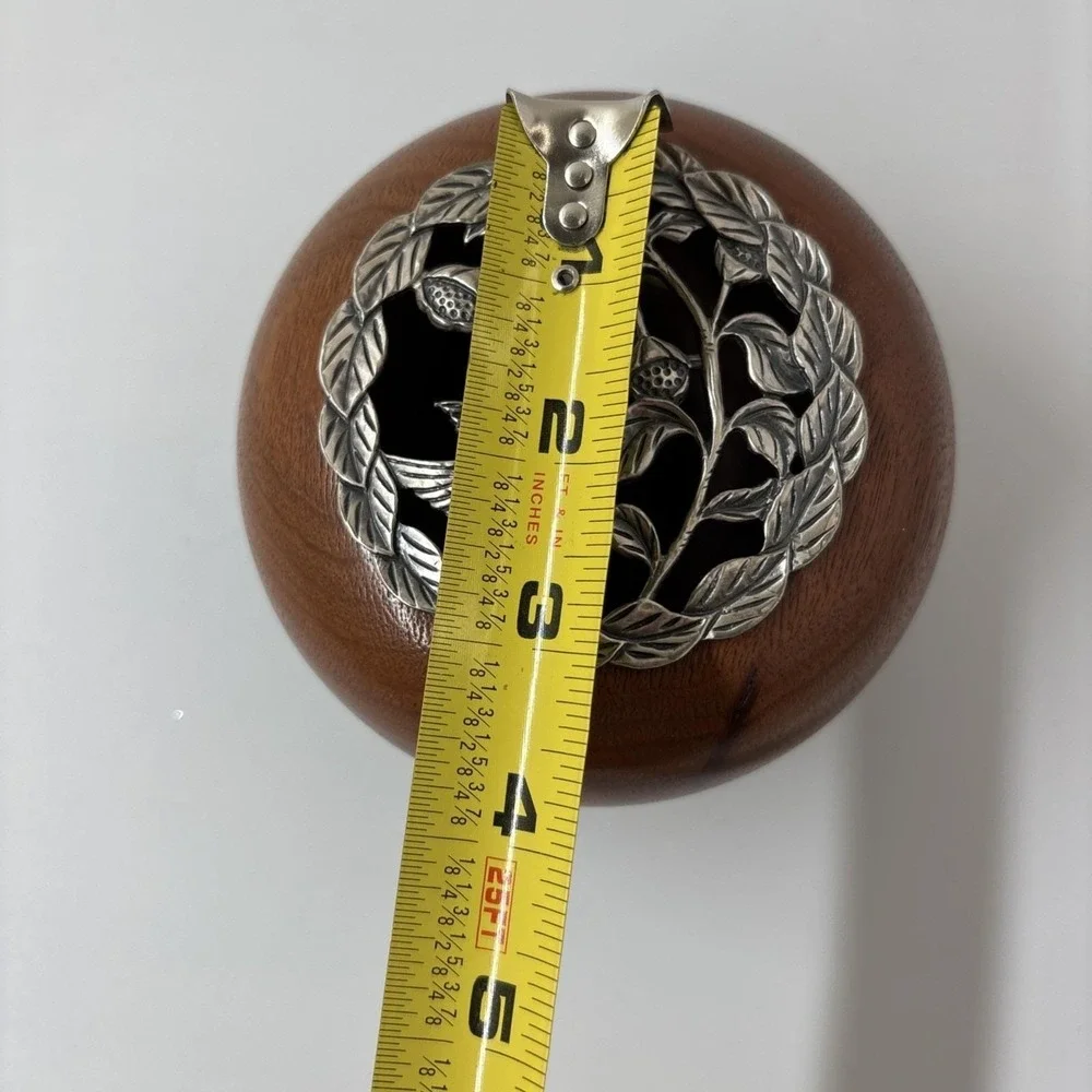 VTG Wood Round Bowl Pewter Humming Bird Lid Jewelry Keepsake Box Potpourri